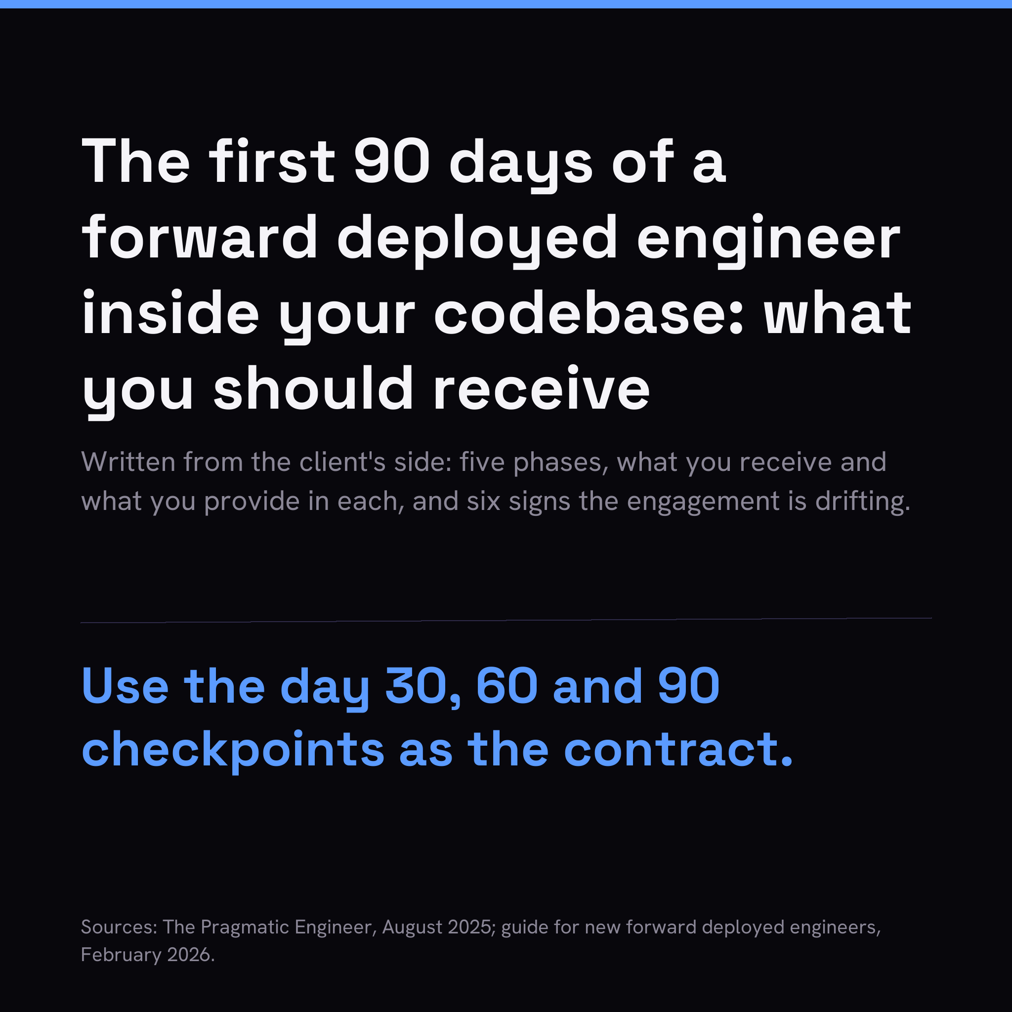 The first 90 days of a forward deployed engineer inside your codebase: what you should receive by day 30, 60 and 90